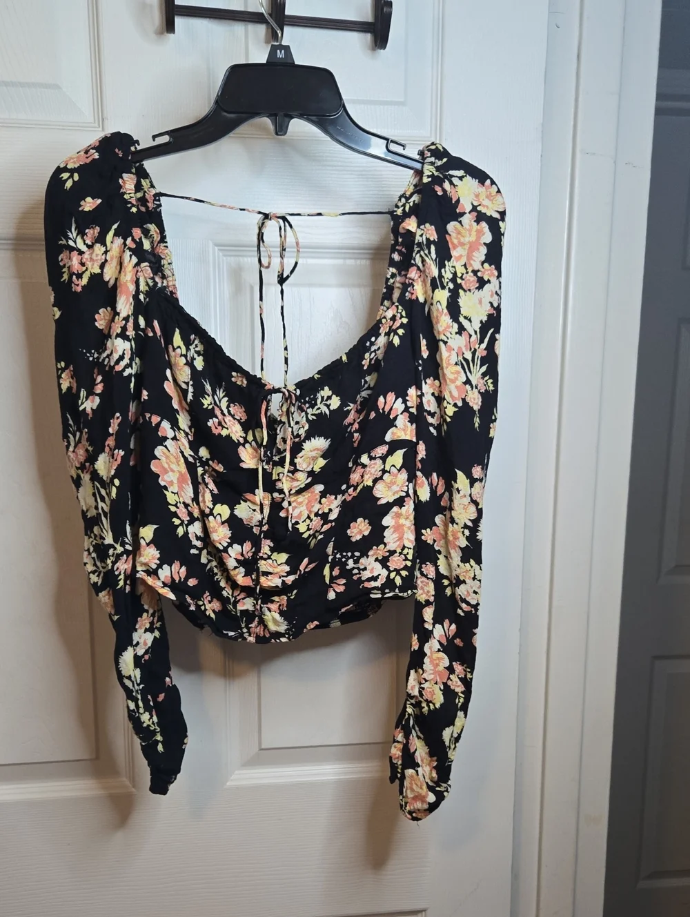 Free People Black Floral Tie-Back Long Sleeve Crop Top